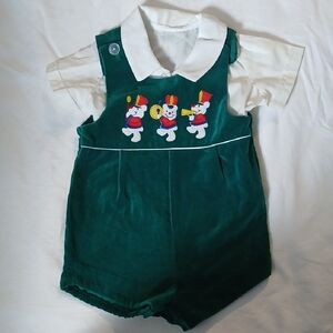 Green Velvet Baby Romper with Embroidered Bears